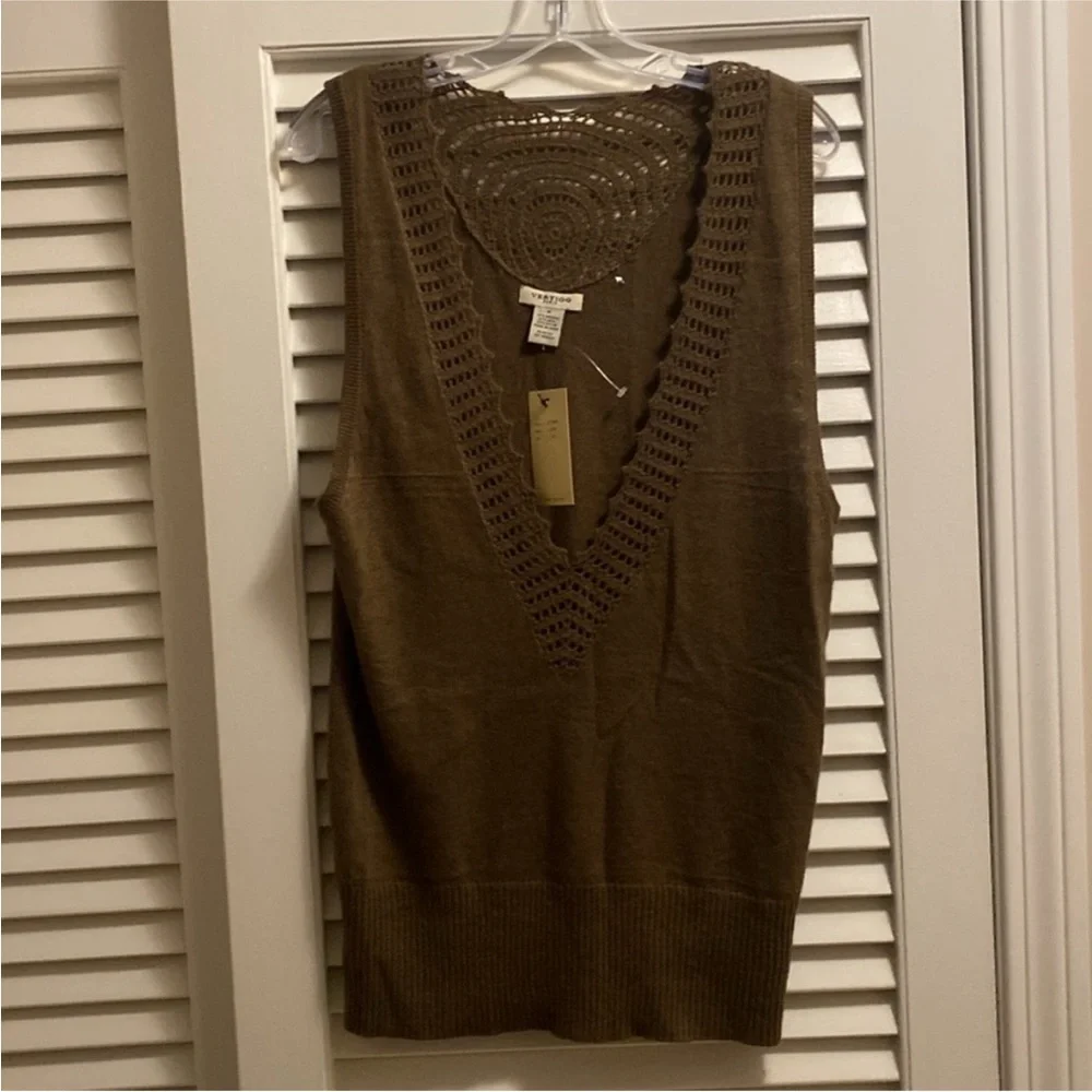 Vertigo Paris $160 NWT Angora Sleeveless Crochet Sweater Vest Tunic Olive Tan M - Picture 4 of 13